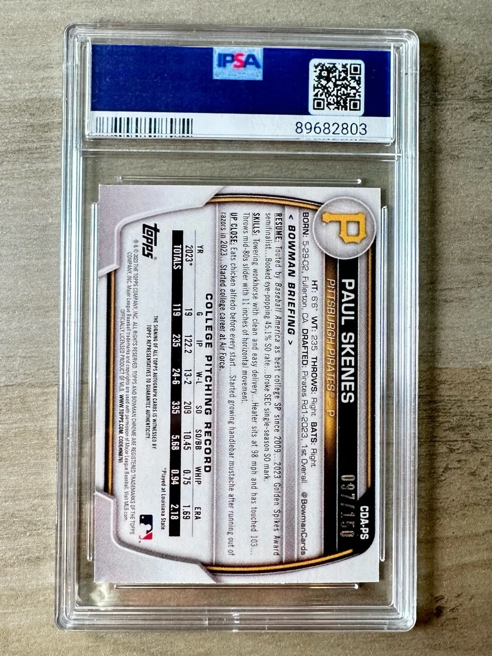 Paul Skenes Signed Rookie 2023 Bowman Chrome #CDA-PS Gem Mint 10 Novelty Card.